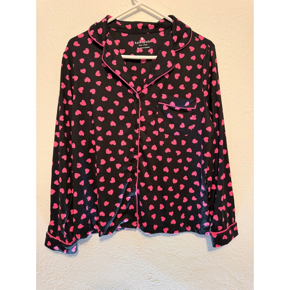 Kate Spade New York Black Pink Heart Print Pajama Top Button Down M KS92267T